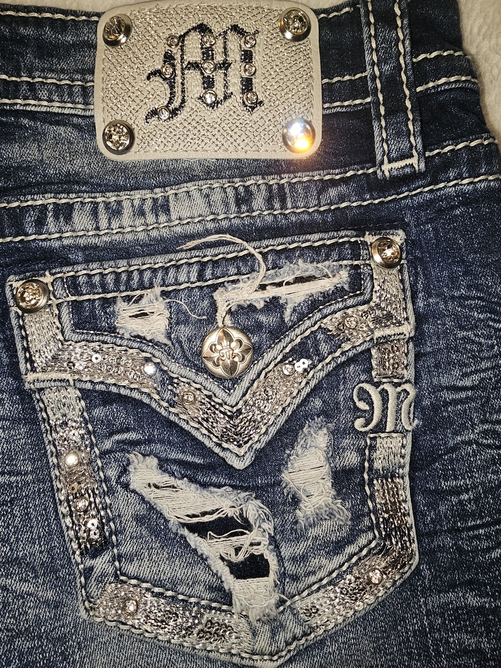 Miss Me Rhinestone Embellished Distressed Boot-Cut Shorts - Blue